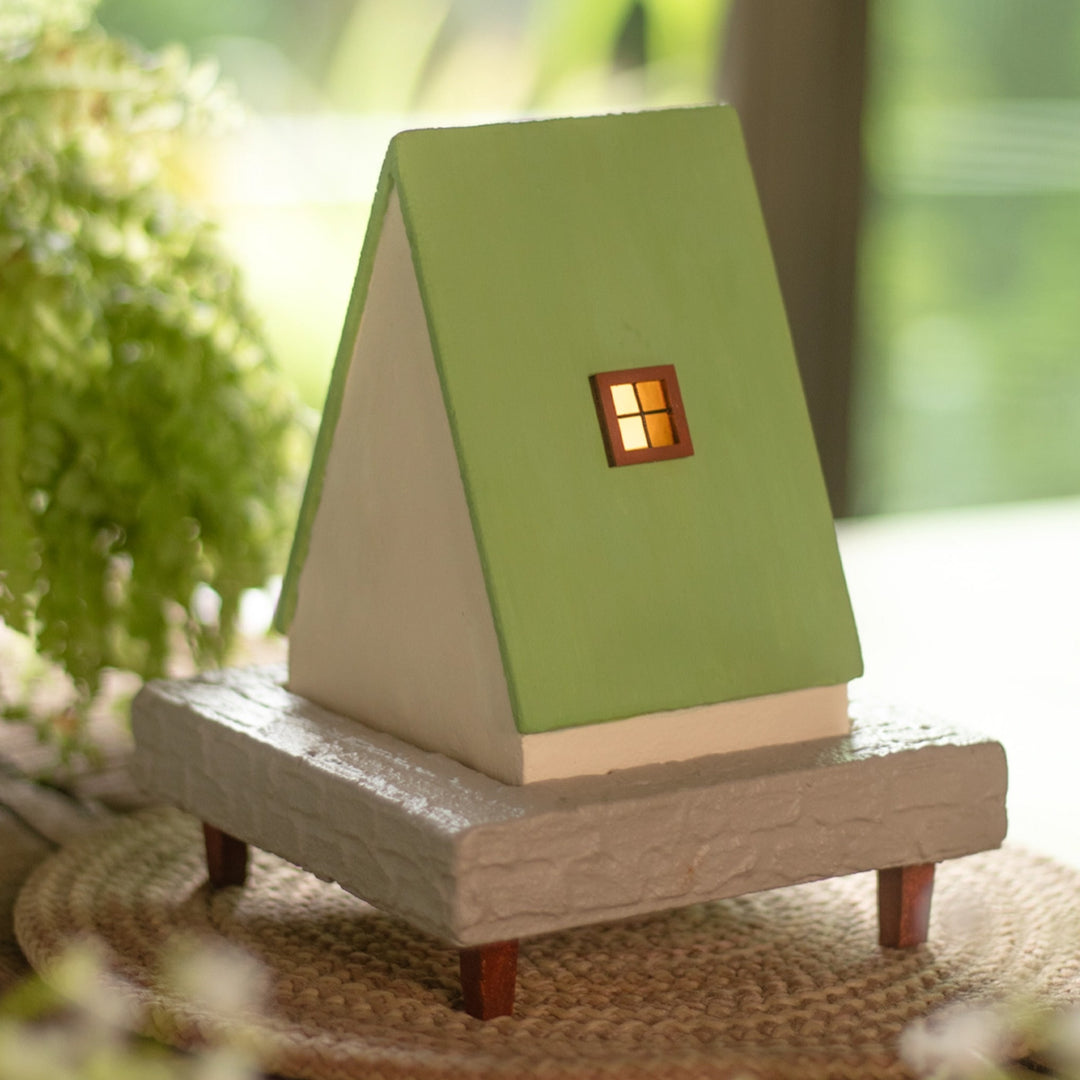 Handcrafted Concrete Cottage Tealight Holder For Festive Decor | Beige & Green