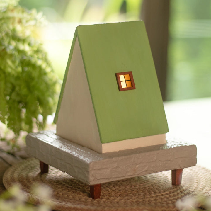 Handcrafted Concrete Cottage Tealight Holder For Festive Decor | Beige & Green