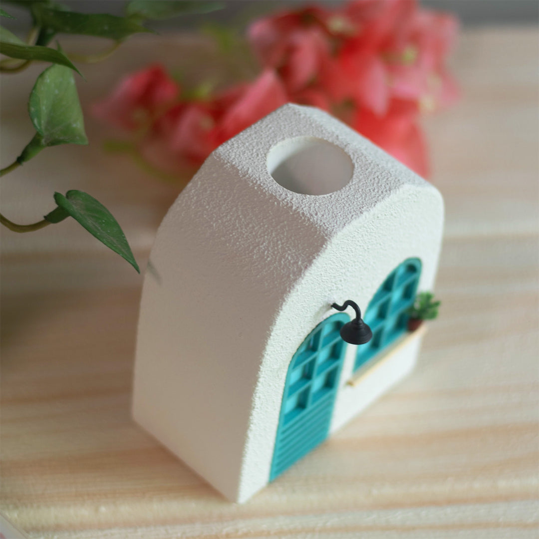Handmade Turquoise Window House-Themed Concrete Vase With Miniature Door & Plant Decor
