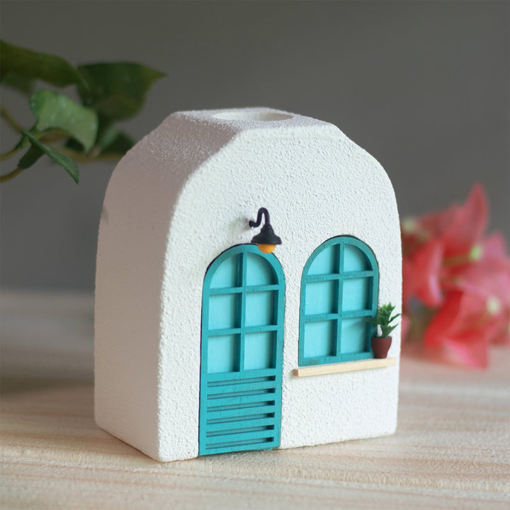 Handmade Turquoise Window House-Themed Concrete Vase With Miniature Door & Plant Decor