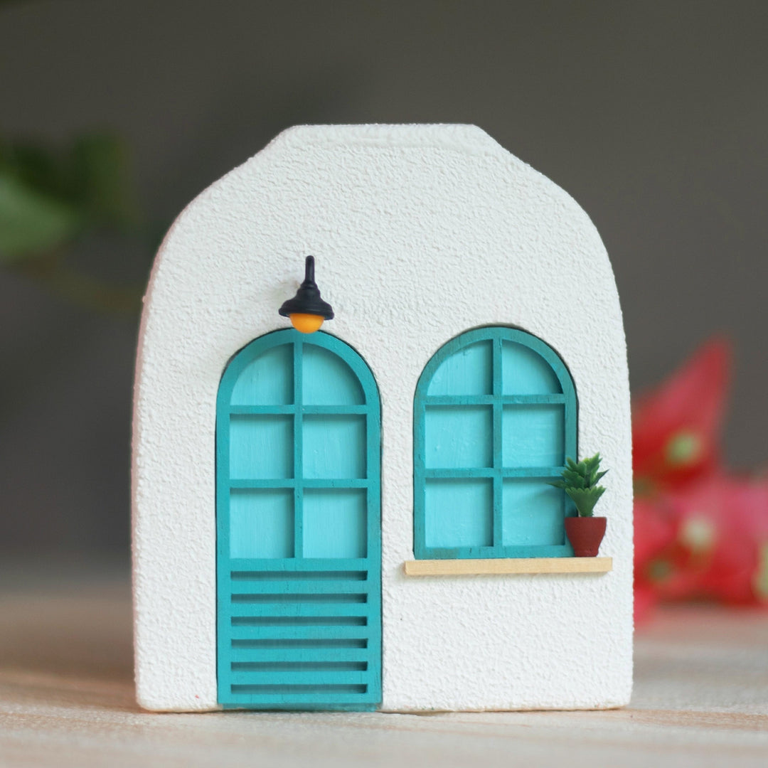 Handmade Turquoise Window House-Themed Concrete Vase With Miniature Door & Plant Decor