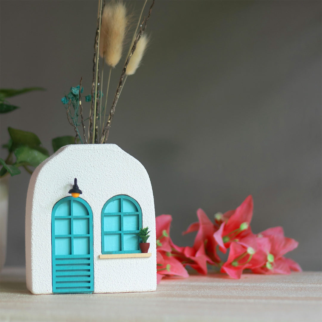 Handmade Turquoise Window House-Themed Concrete Vase With Miniature Door & Plant Decor