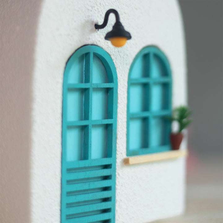 Handmade Turquoise Window House-Themed Concrete Vase With Miniature Door & Plant Decor