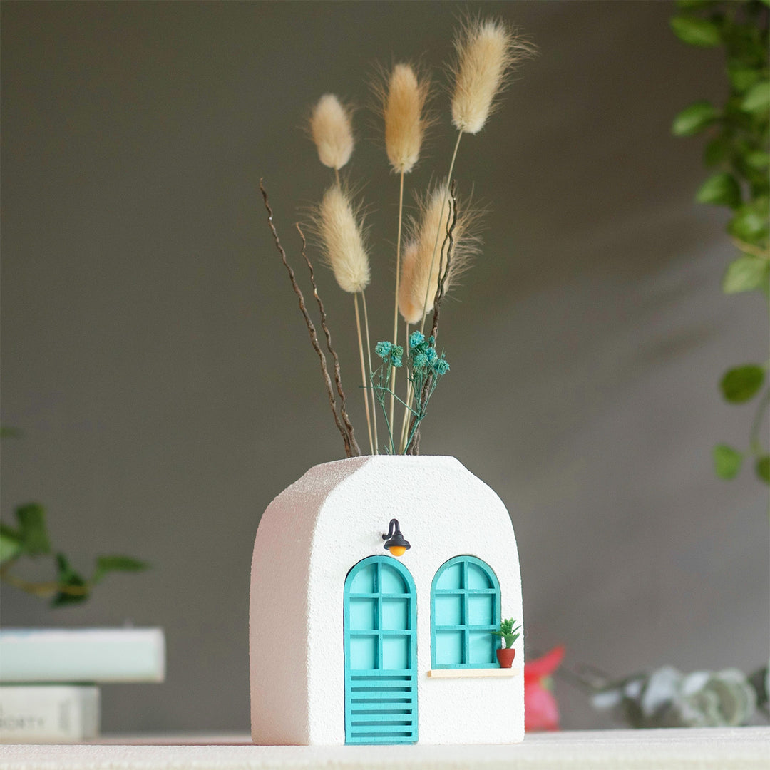 Handmade Turquoise Window House-Themed Concrete Vase With Miniature Door & Plant Decor