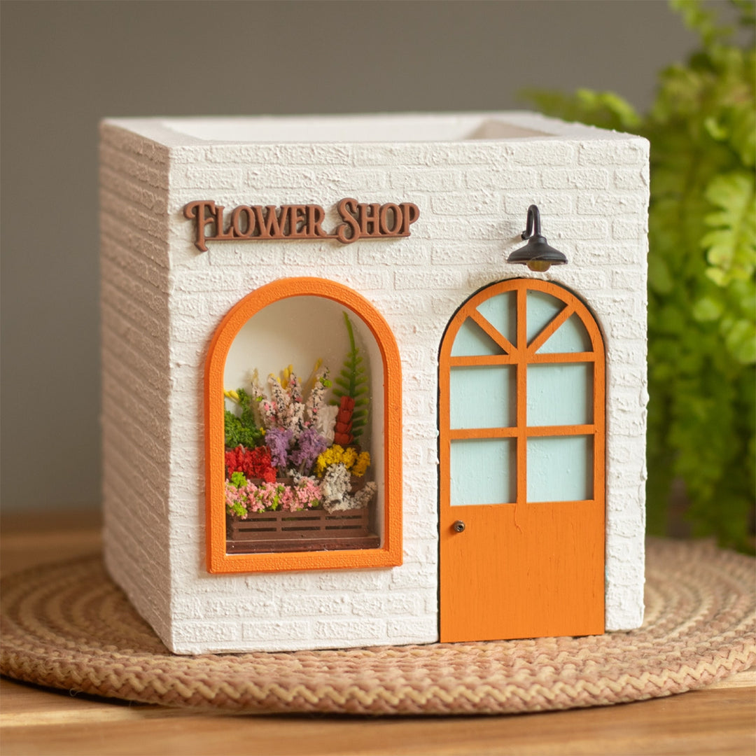 Handmade Personalized Flower Shop Themed White & Orange Concrete Planter With Drainage Hole For Home Decor