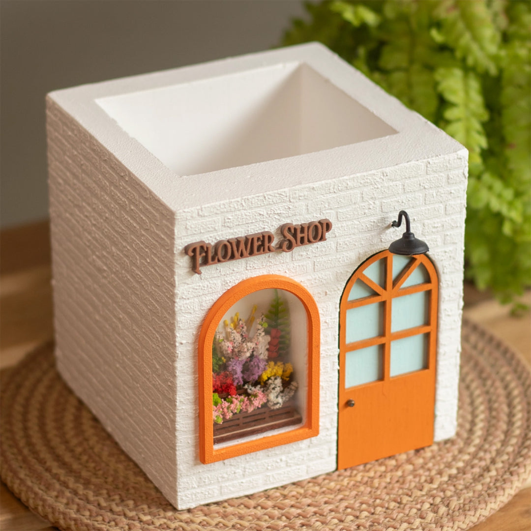 Handmade Personalized Flower Shop Themed White & Orange Concrete Planter With Drainage Hole For Home Decor