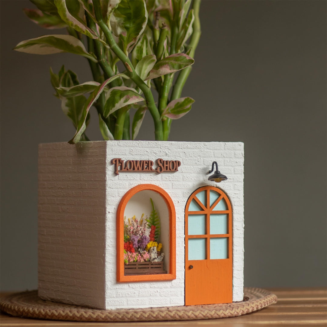 Handmade Personalized Flower Shop Themed White & Orange Concrete Planter With Drainage Hole For Home Decor