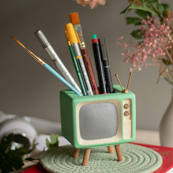 Handmade Miniature Retro Style Tv Desk Pen Stand For Decor - Mint Green