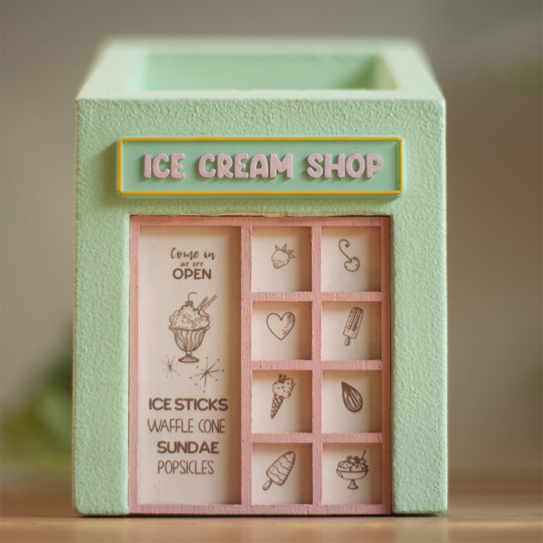 Personalized Handmade Miniature Ice Cream Shop Themed Pen Stand For Decor