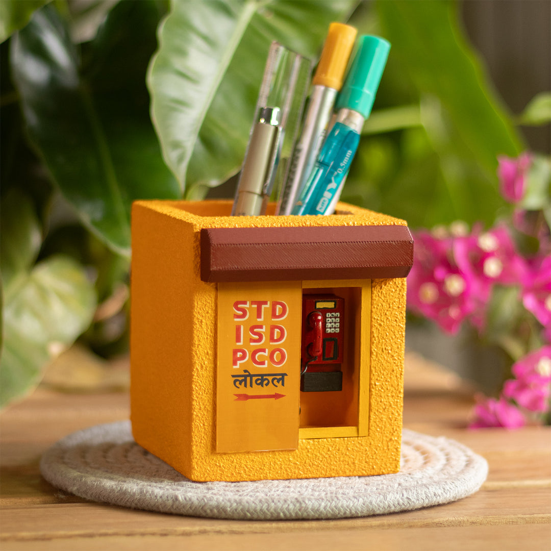Personalized Handmade Miniature Telephone Booth Themed Pen Stand For Decor