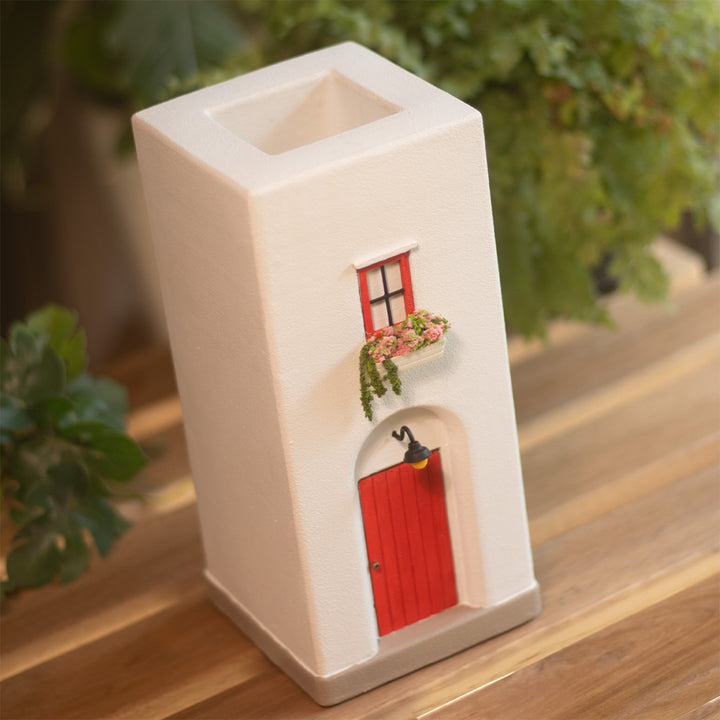 Handmade Red Door House-Themed Concrete Vase With Miniature Window & Floral Decor