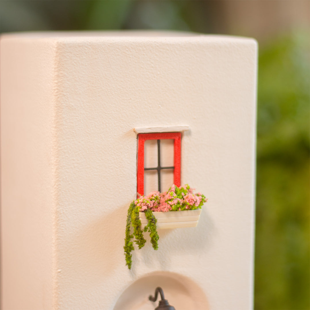 Handmade Red Door House-Themed Concrete Vase With Miniature Window & Floral Decor