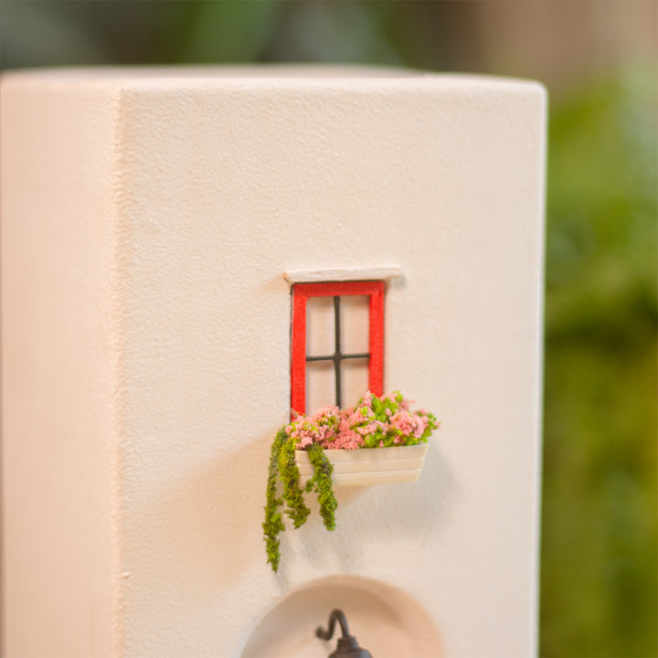 Handmade Red Door House-Themed Concrete Vase With Miniature Window & Floral Decor