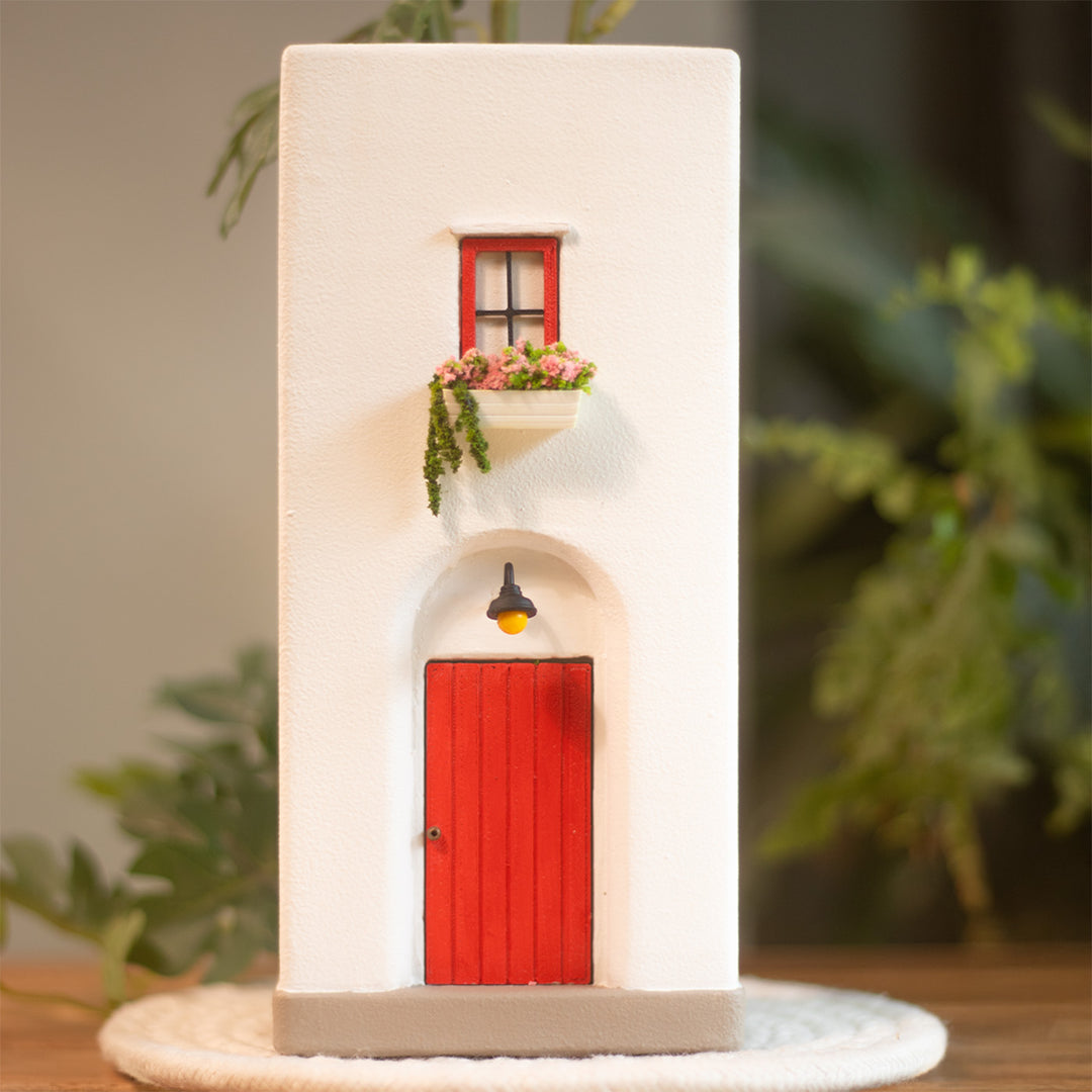 Handmade Red Door House-Themed Concrete Vase With Miniature Window & Floral Decor