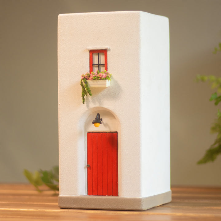 Handmade Red Door House-Themed Concrete Vase With Miniature Window & Floral Decor