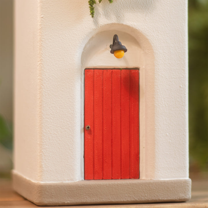 Handmade Red Door House-Themed Concrete Vase With Miniature Window & Floral Decor