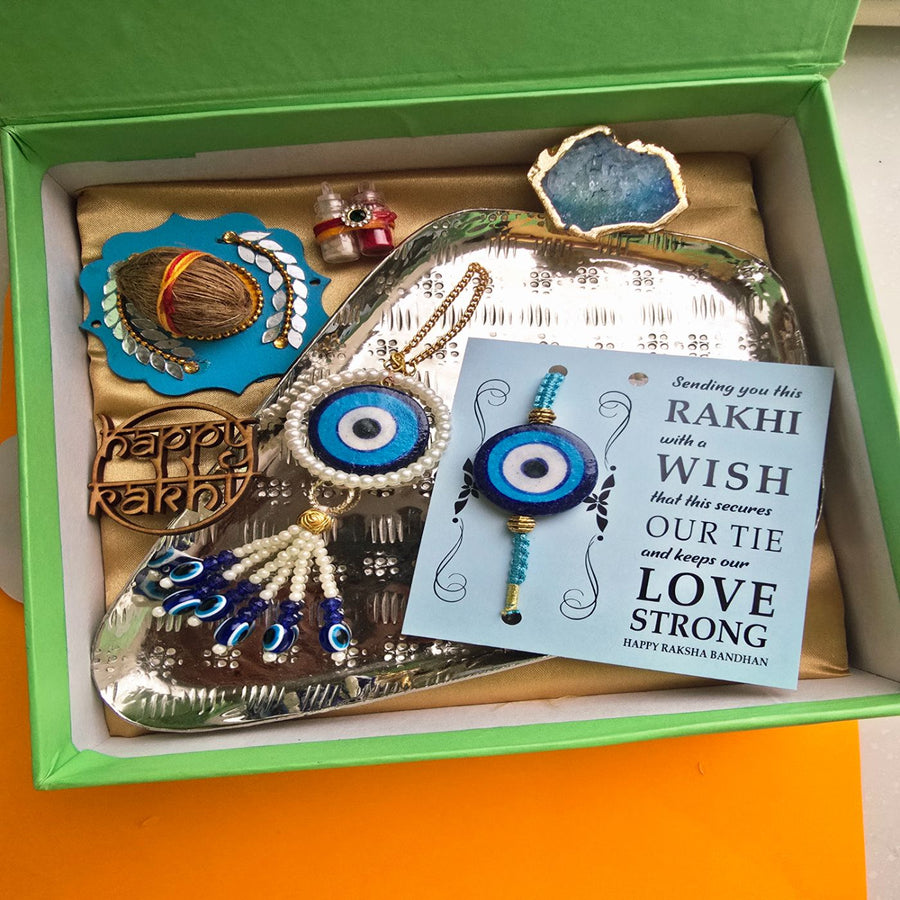 Handmade Blue Pottery Evil Eye Ceramic Bhaiya Bhabhi Rakhi With Roli Chawal - Gift Box Arrangement with Rakhi