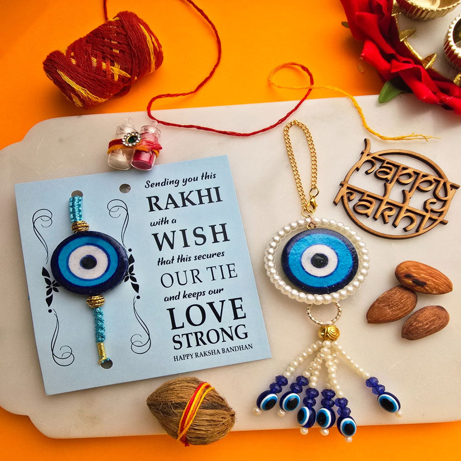Handmade Blue Evil Eye Ceramic Bhaiya Bhabhi Rakhi With Roli Chawal - Rakhi Set with Card Displayed