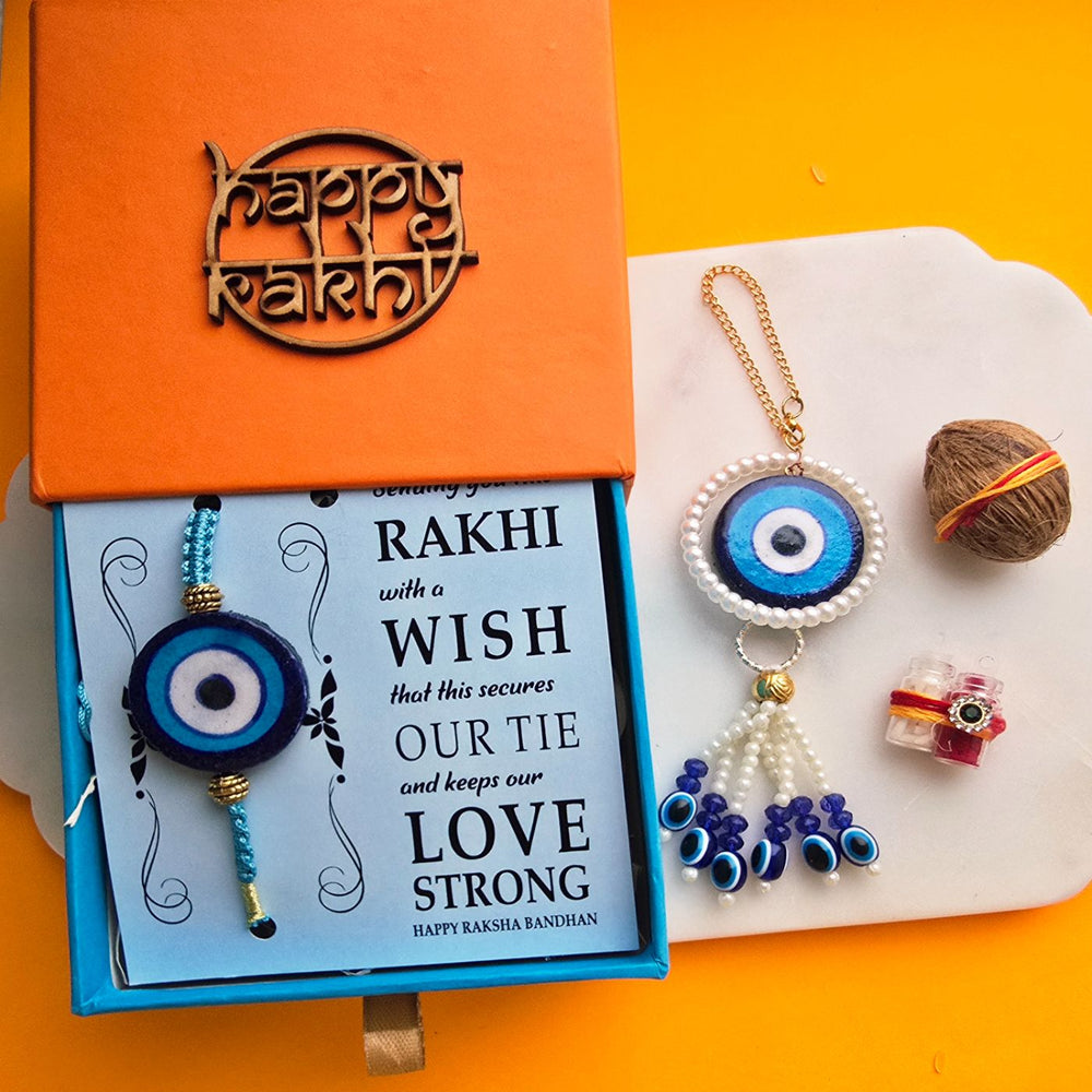 Handmade Blue Evil Eye Ceramic Bhaiya Bhabhi Rakhi With Roli Chawal - Rakhi Set Inside Gift Box