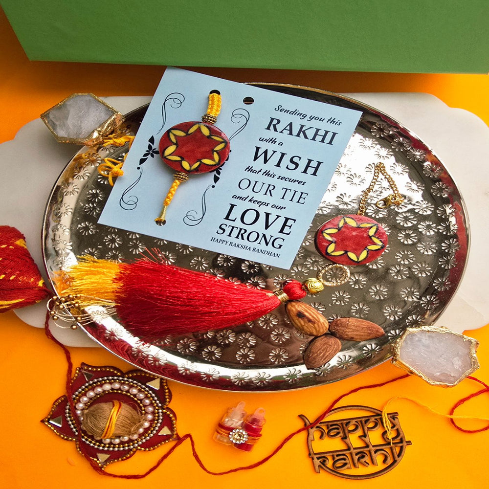 Handmade Red Florwer Design Ceramic Bhaiya Bhabhi Rakhi With Roli Chawal 1 - Unboxed Display with Card