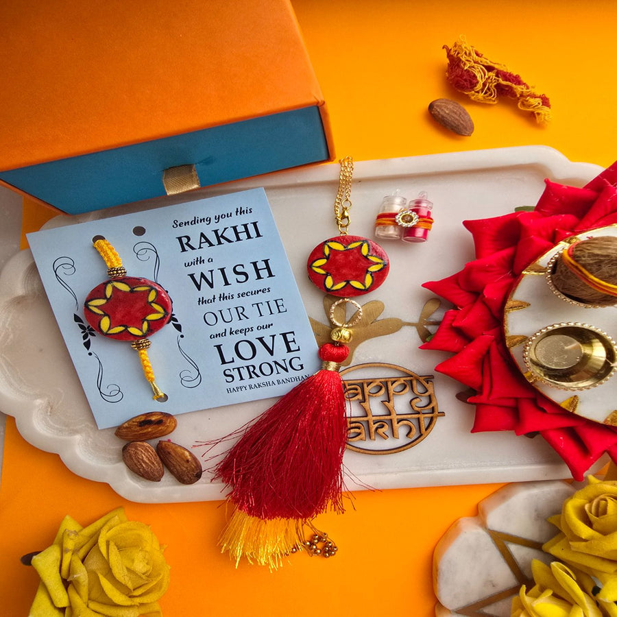 Handmade Red Florwer Design Ceramic Bhaiya Bhabhi Rakhi With Roli Chawal - Full Product Arrangement with Note