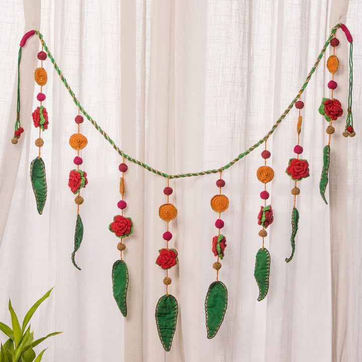 40 Inch | Intricate Handmade Crochet Gulab Ambi Pink & Green Floral Leaf Toran For Festive Decor