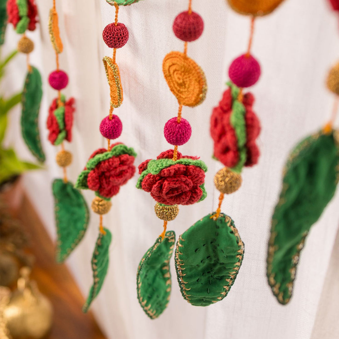 40 Inch | Intricate Handmade Crochet Gulab Ambi Pink & Green Floral Leaf Toran For Festive Decor