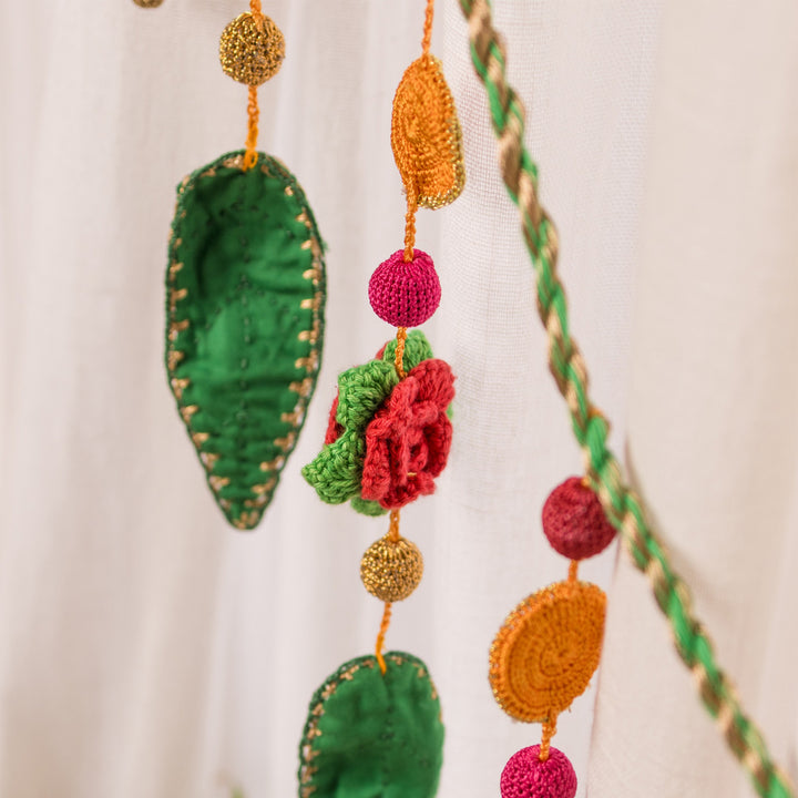 40 Inch | Intricate Handmade Crochet Gulab Ambi Pink & Green Floral Leaf Toran For Festive Decor