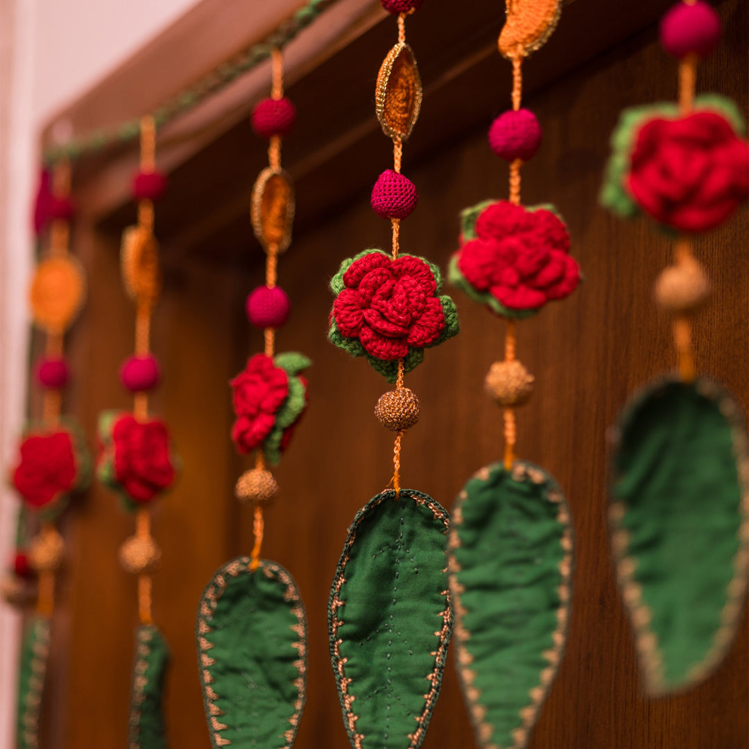 40 Inch | Intricate Handmade Crochet Gulab Ambi Pink & Green Floral Leaf Toran For Festive Decor