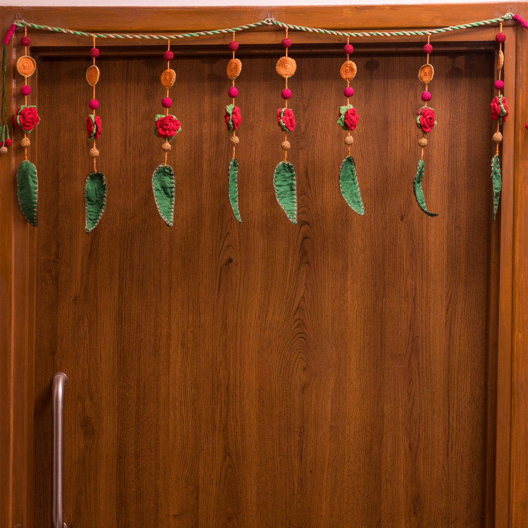 40 Inch | Intricate Handmade Crochet Gulab Ambi Pink & Green Floral Leaf Toran For Festive Decor