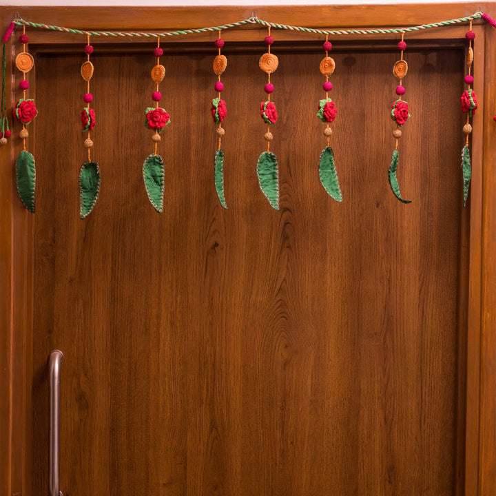 40 Inch | Intricate Handmade Crochet Gulab Ambi Pink & Green Floral Leaf Toran For Festive Decor