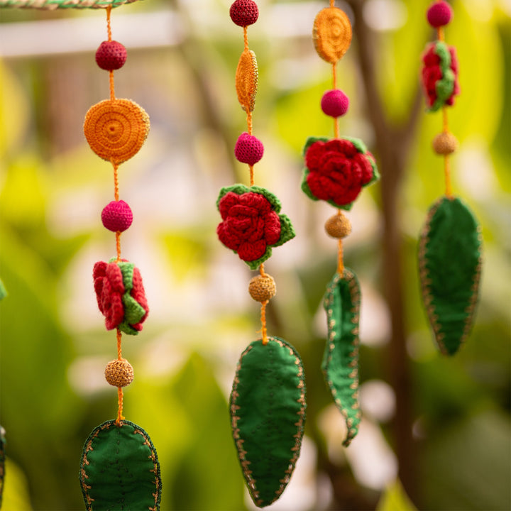 40 Inch | Intricate Handmade Crochet Gulab Ambi Pink & Green Floral Leaf Toran For Festive Decor