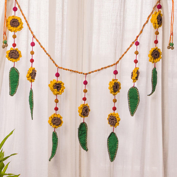 40 Inch | Handmade Crochet Yellow Flower & Green Leaf Festive Decorative Toran