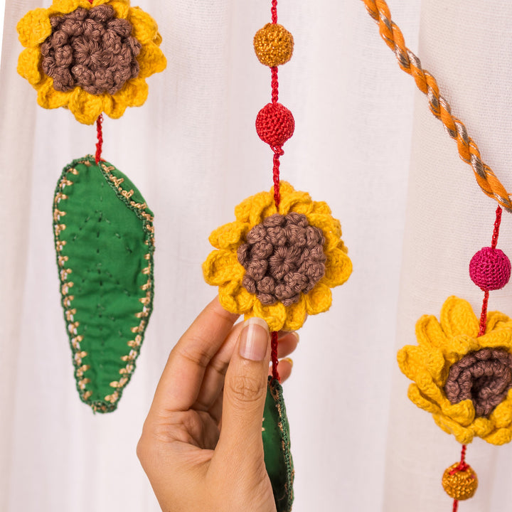 40 Inch | Handmade Crochet Yellow Flower & Green Leaf Festive Decorative Toran