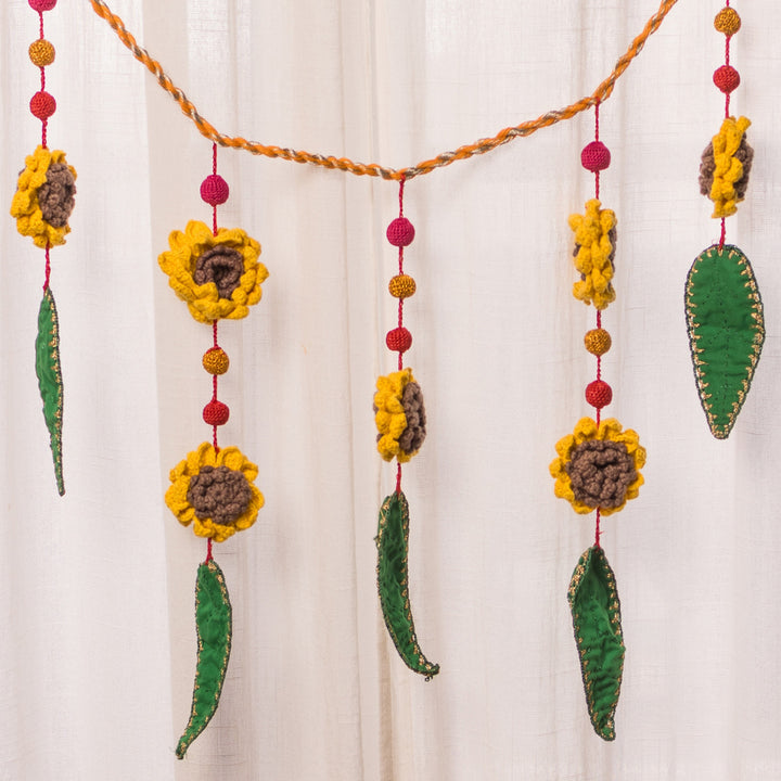 40 Inch | Handmade Crochet Yellow Flower & Green Leaf Festive Decorative Toran
