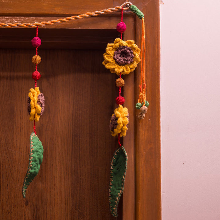 40 Inch | Handmade Crochet Yellow Flower & Green Leaf Festive Decorative Toran