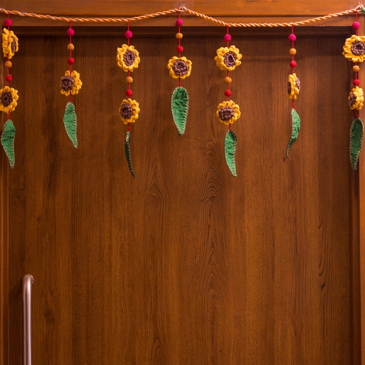 40 Inch | Handmade Crochet Yellow Flower & Green Leaf Festive Decorative Toran