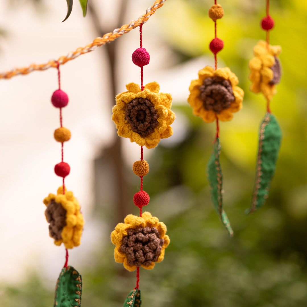 40 Inch | Handmade Crochet Yellow Flower & Green Leaf Festive Decorative Toran