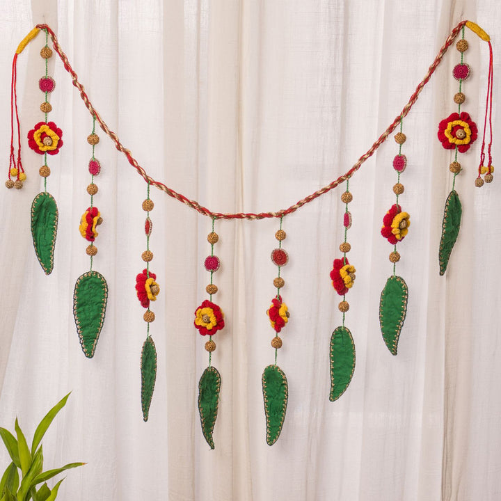 40 Inch | Handmade Crochet Red Floral & Orange Festive Decorative Toran