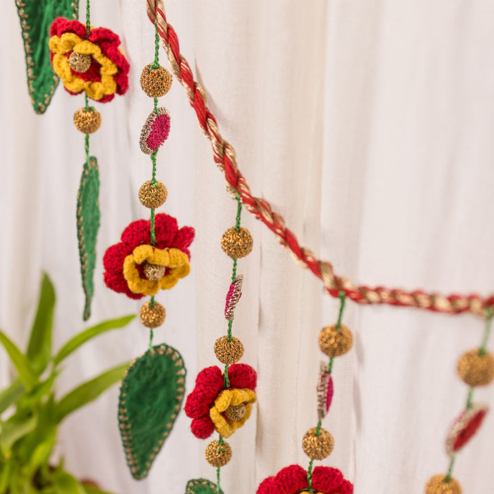 40 Inch | Handmade Crochet Red Floral & Orange Festive Decorative Toran