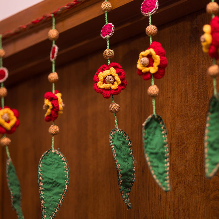 40 Inch | Handmade Crochet Red Floral & Orange Festive Decorative Toran