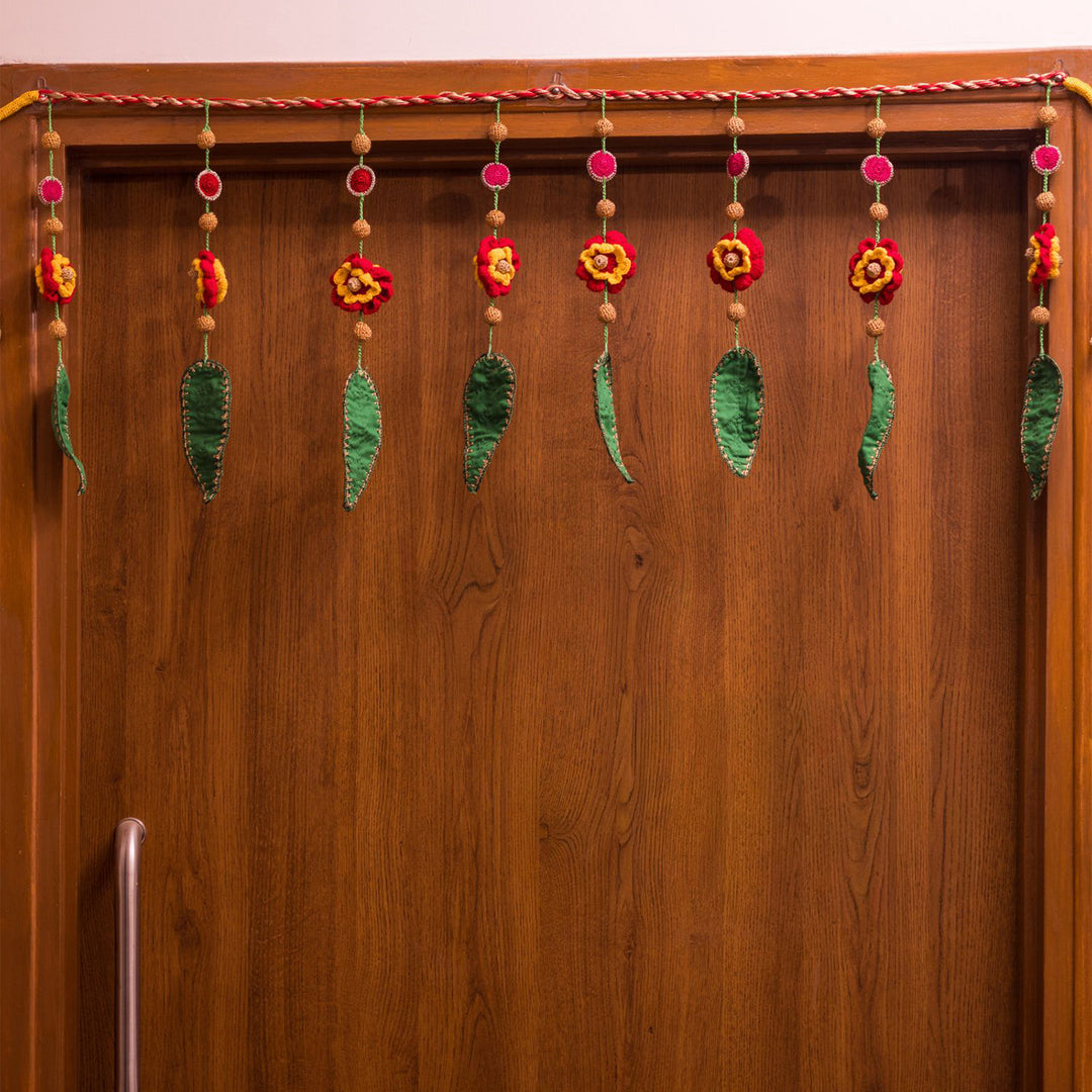 40 Inch | Handmade Crochet Red Floral & Orange Festive Decorative Toran