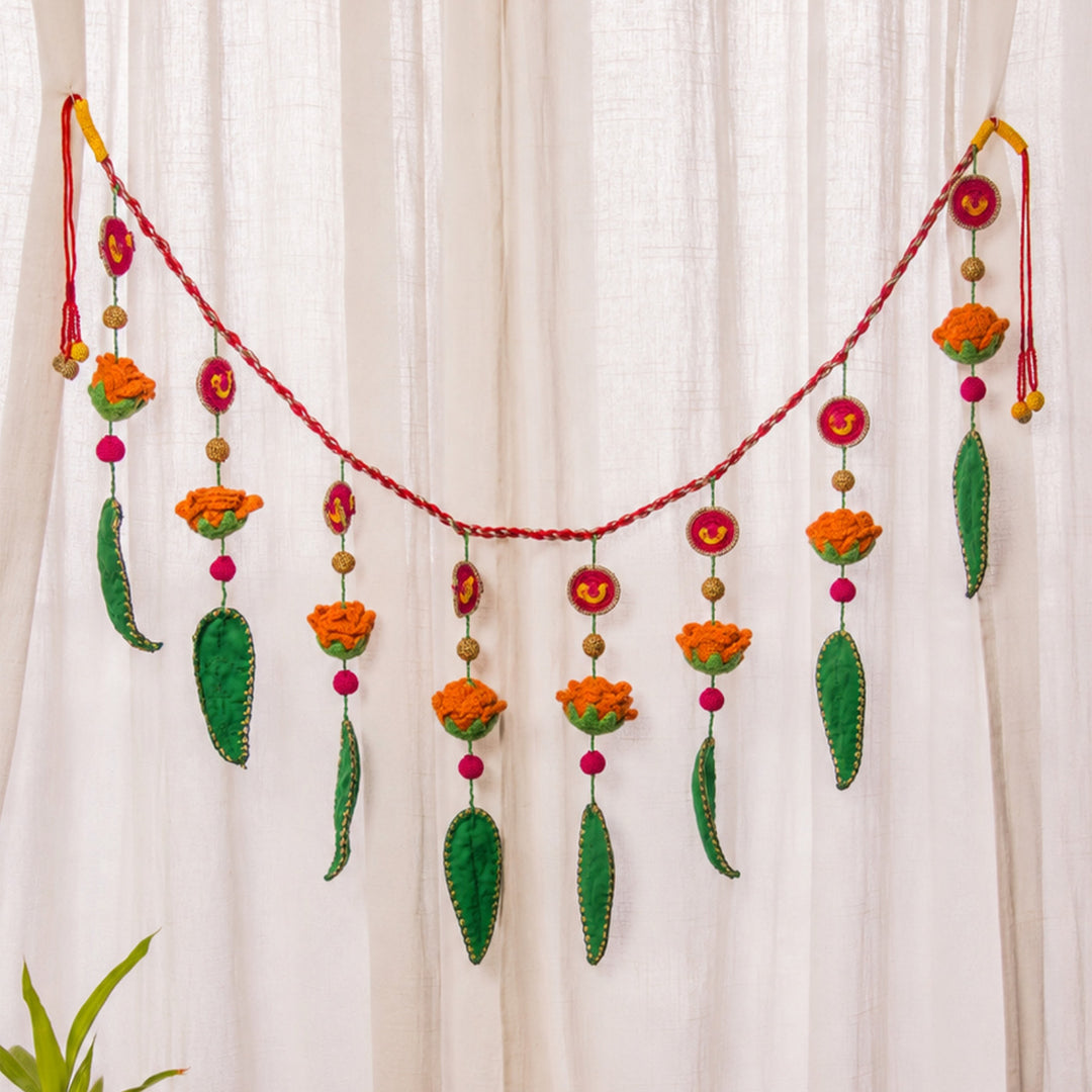 40 Inch | Handmade Crochet Red & Yellow Floral Green Leaf Festive Toran