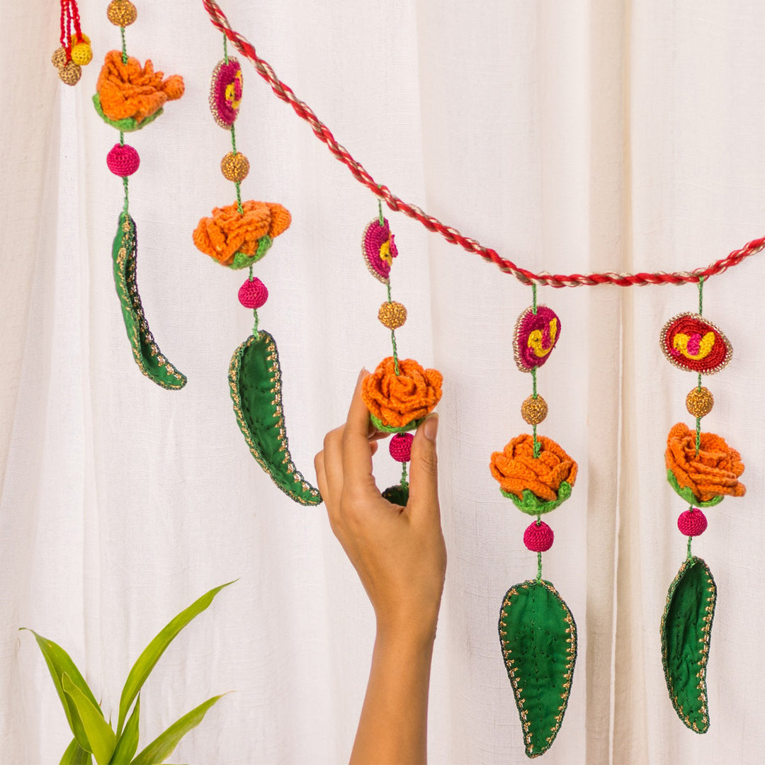 40 Inch | Handmade Crochet Red & Yellow Floral Green Leaf Festive Toran