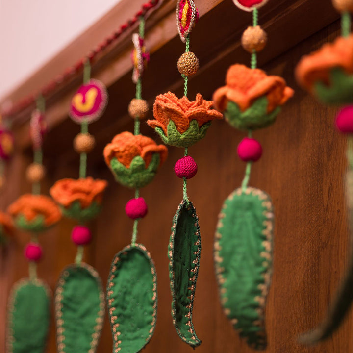 40 Inch | Handmade Crochet Red & Yellow Floral Green Leaf Festive Toran