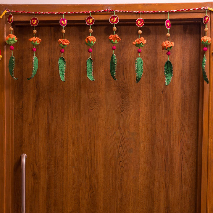 40 Inch | Handmade Crochet Red & Yellow Floral Green Leaf Festive Toran