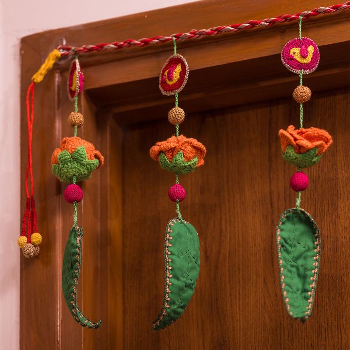 40 Inch | Handmade Crochet Red & Yellow Floral Green Leaf Festive Toran