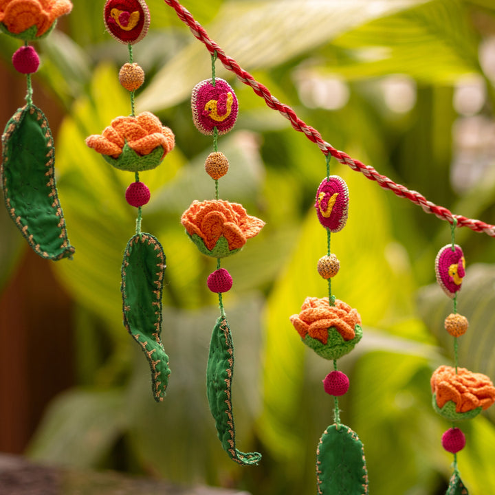 40 Inch | Handmade Crochet Red & Yellow Floral Green Leaf Festive Toran