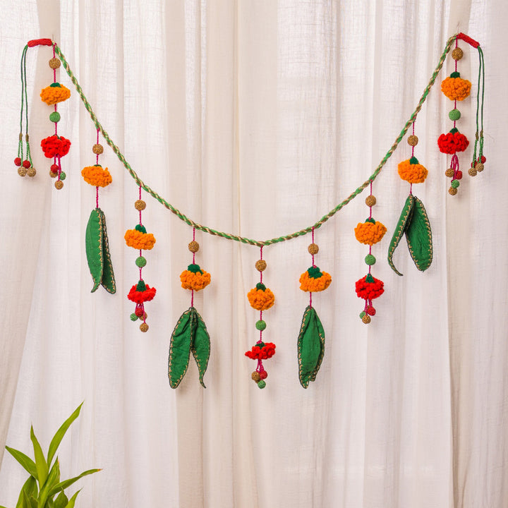 40 Inch | Handmade Crochet Orange Flower & Green Leaf Festive Decorative Toran