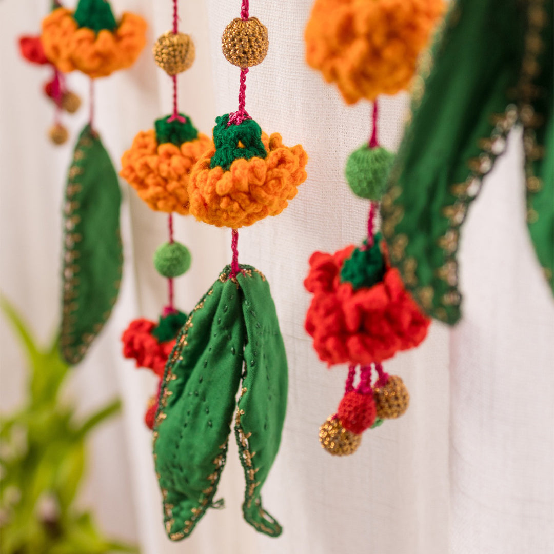 40 Inch | Handmade Crochet Orange Flower & Green Leaf Festive Decorative Toran